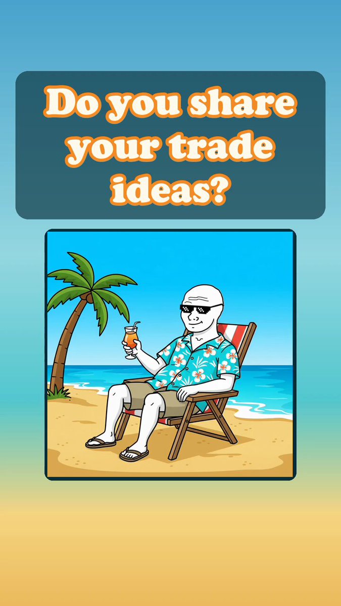The image features a cartoon man sitting comfortably in an office chair at the beach, holding a drink with a straw while wearing sunglasses. The background of the image depicts a sandy beach area with ocean waves crashing nearby. At the top left corner of the image, there is text that reads "Do you share your trade ideas?".