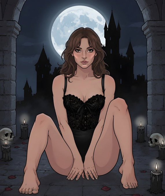 A digital illustration depicts a woman in a black lace top sitting between two lit candles with skulls on a stone floor, set against a backdrop of a full moon and a silhouetted castle.