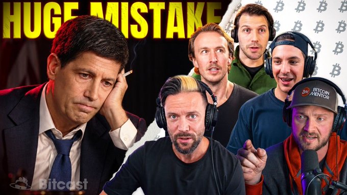 A YouTube thumbnail with yellow 'HUGE MISTAKE' text at the top, showing a disappointed-looking man in a suit on the left alongside a group of four men wearing headphones, with the 'Bitcast' logo in the bottom left and Bitcoin symbols in the background.