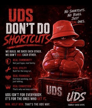 A red-toned streetwear advertisement for UDS reading 'UDS DON'T DO SHORTCUTS' with values like Real Community, Real Utility, Real Founders, and Real Conviction, featuring a figure in a red puffer jacket and bucket hat standing on a UDS-branded box.
