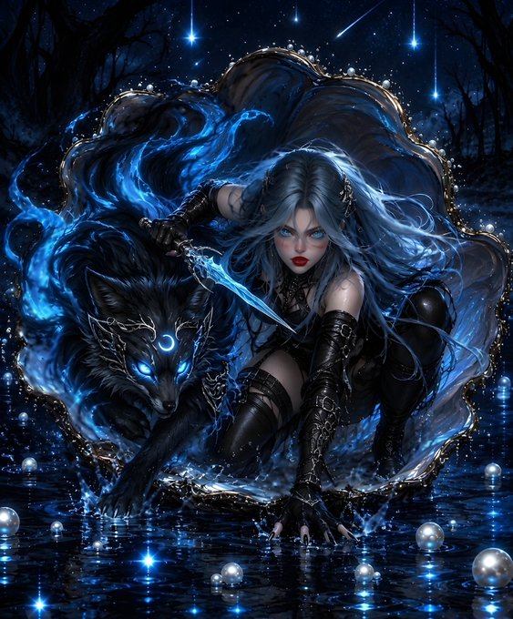 A digital fantasy illustration of a pale-skinned woman with long, flowing silver hair and glowing blue eyes, crouching next to a large, dark wolf with glowing blue eyes, both surrounded by blue ethereal flames in a starry, watery landscape.