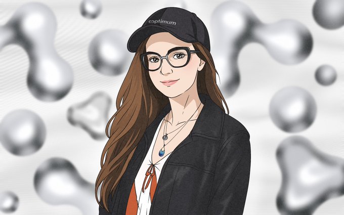 The image features a woman wearing glasses and a black hat, standing against a white background that has silver circles scattered throughout. The caption above the image reads "Today I want to focus a bit on @get_optimum because this project is being built by people who spent decades researching the very foundations of networks and it makes sense to start with @ MurielMedard someone who, long before web3, modular blockchains, and".