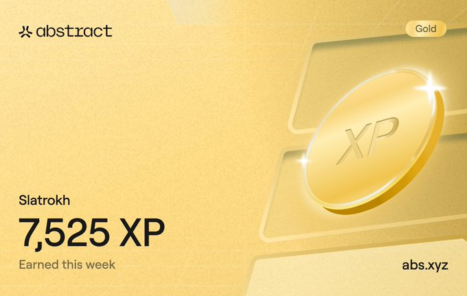 Abstract platform screenshot showing 'Slatrokh' earned '7,525 XP' this week at 'Gold' tier on the gold-themed rewards card.