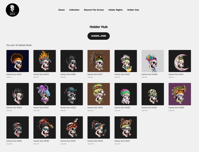 A 'Holder Hub' webpage displaying a collection of 19 Hashed Skull NFTs owned by wallet 0x6603...Fb96, each labeled with token numbers.