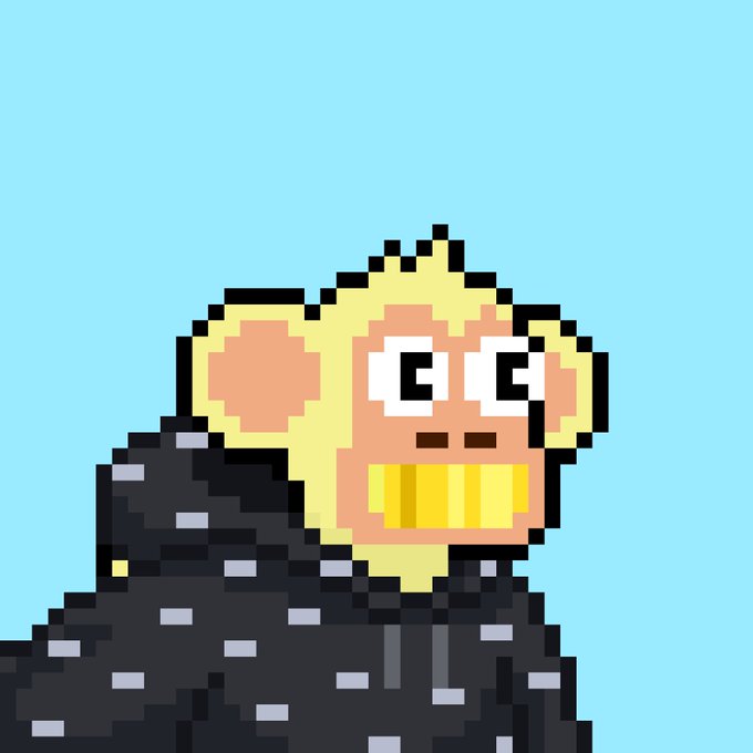 Pixel art portrait of a blonde-haired monkey character with wide eyes and a toothy grin, wearing a black jacket with gray spots against a light blue background.
