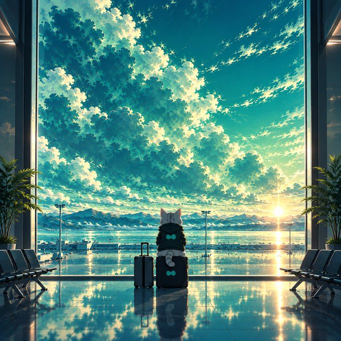 A white cat wearing a hoodie sits atop a suitcase in an airport terminal, gazing out at a sweeping sunrise over the runway and distant mountains beneath dramatic clouds, evoking the anticipation of an imminent journey that mirrors the post's message about "$PURR" and "$HYPE."
