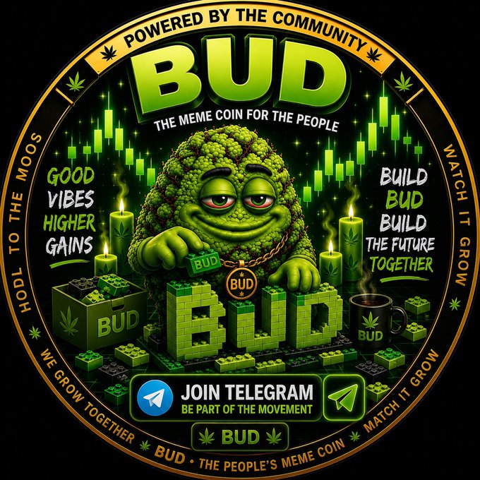 Circular meme coin emblem for 'BUD' with the tagline 'POWERED BY THE COMMUNITY,' 'THE MEME COIN FOR THE PEOPLE,' featuring an anthropomorphic broccoli/cannabis character with chain necklaces and slogans like 'GOOD VIBES HIGHER GAINS' and 'BUILD BUD BUILD THE FUTURE TOGETHER,' along with a Telegram join button.