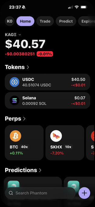 A mobile screenshot of a crypto wallet app showing a balance of $40.57, with holdings in USDC ($40.50) and Solana ($0.07), along with Perpetuals (Perps) including BTC and $KHX.