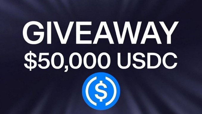 A promotional graphic announcing a 'GIVEAWAY $50,000 USDC' featuring a blue USDC coin logo against a dark background.
