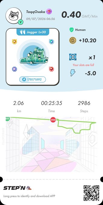 STEP'N app screenshot for user TaqqOsaka showing a Jogger Lv30 sneaker earning 0.40 GMT/Min, with a completed run of 2.06 km in 25:35.