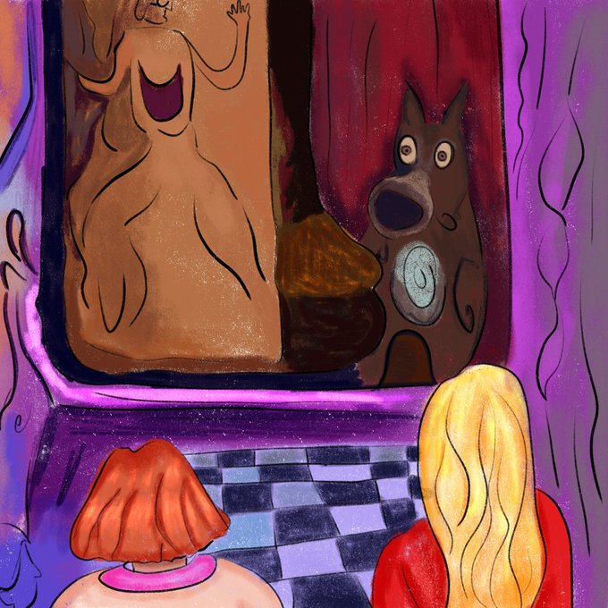 A blonde figure and a redheaded companion gaze through a window at a giant screaming form and a wide-eyed little dog holding a glowing blue disc, framed by purple curtains and a checkered floor. The artwork captures the post's poetic tension—the grand, dramatic figure dominating the view contrasts with the quiet, luminous creature waiting in the shadows, suggesting that what truly shines is often the smaller, overlooked presence beyond the spectacle.