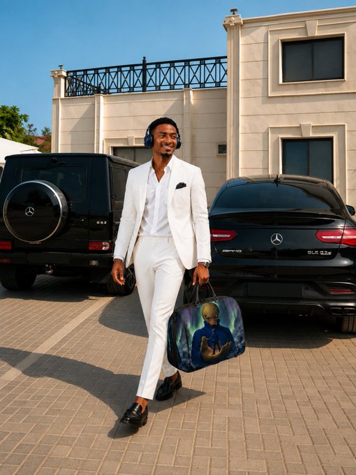 A man in a white suit with headphones walks across a paved driveway carrying a duffel bag featuring an artistic portrait, with black Mercedes G-Class and GLE SUVs parked in front of a beige villa.
