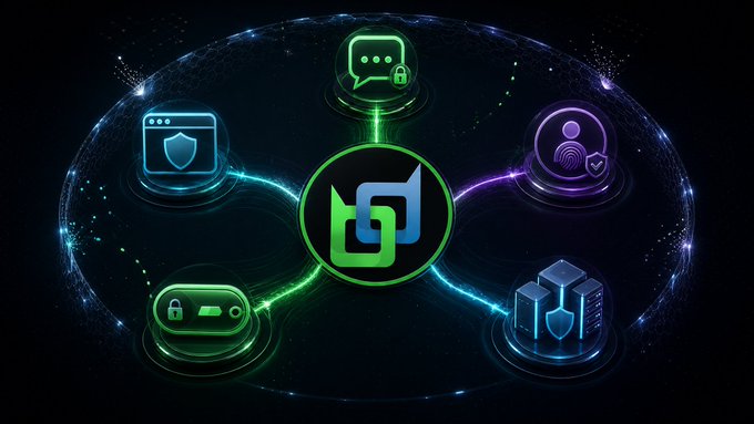 A stylized graphic displaying a central green logo surrounded by neon icons representing browser security, messaging, identity, gaming/streaming, and server protection against a dark cosmic background.