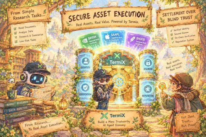 A fantasy-style promotional graphic for TermiX featuring cartoon characters, a robot reading books, and banners advertising 'SECURE ASSET EXECUTION' with features like Identity, Escrow, Verification, and Reputation, highlighting partners $NYDA, $AAPL, and $XOOD.