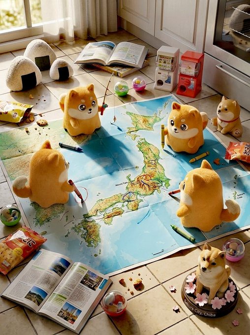 Several plush Shiba Inu figurines are arranged on a map of Japan surrounded by onigiri, snack packages, crayons, open magazines, and a figurine labeled 'City Chiba' with pink cherry blossoms at its base.