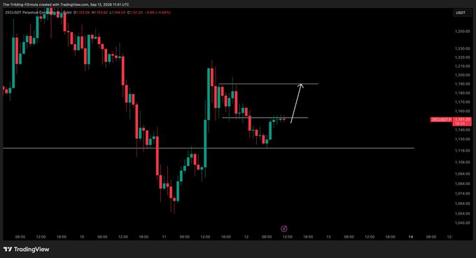 A TradingView chart for ZECUSDT Perpetual Contract on Binance showing price movement around 1,140-1,200 with an upward arrow indicating a potential breakout.