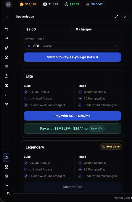 A dark-themed subscription pricing page interface showing $64.192 SOL balance and 1,873 tokens, with plans including Elite ($29/mo in SOL or $26.1 in $EMBLEM) and Legendary (marked 'Best Value') tiers featuring Claude Opus 4.8 and Claude Sonnet 5 access.