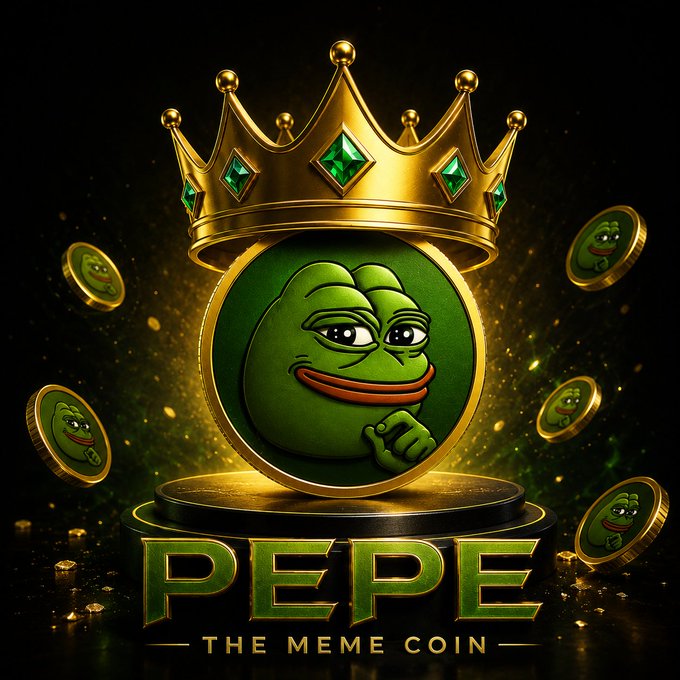 A promotional graphic for PEPE The Meme Coin featuring a crowned Pepe the Frog emblem on a gold coin, surrounded by smaller Pepe coins against a dark background.