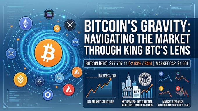 A graphic titled "BITCOIN'S GRAVITY: NAVIGATING THE MARKET THROUGH KING BTC'S LENS" shows a Bitcoin logo surrounded by other crypto coin icons, noting BTC is at $77,707.11 (-2.63% / 24h) with a market cap of $1.56T.