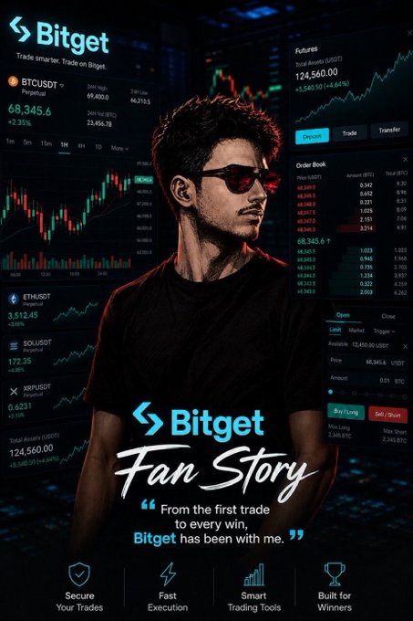 Bitget cryptocurrency exchange promotional image featuring a young man wearing red sunglasses against a backdrop of trading interfaces showing BTC, ETH, SOL, and XRP prices with the tagline 'Fan Story - From the first trade to every win, Bitget has been with me.'