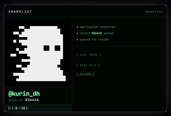 A digital interface titled "SNARKLIST" shows a pixelated ghost-like character submission with status "SUBMITTED" and record #36445 sealed and queued for review, under the username @kurin_dh.
