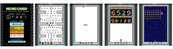 Screenshots from the 'MEMECARD' meme arcade game collection featuring titles like FRIENDSHIP NEVER DIES, along with gameplay screens of maze, Pong-like, SEIZE, and space shooter games.