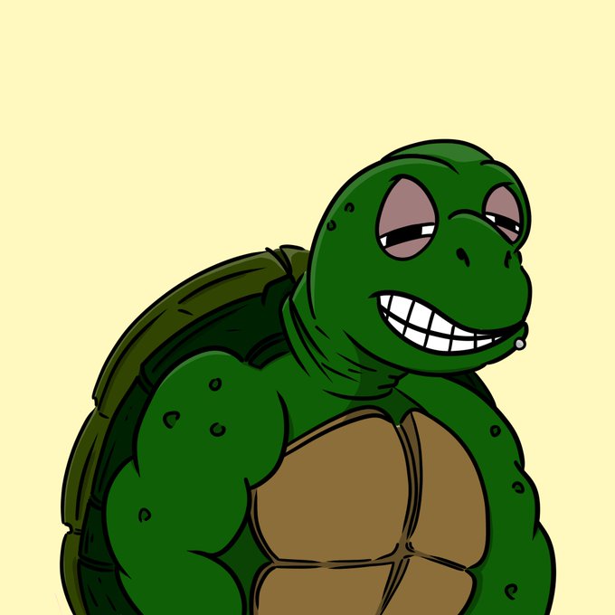 A cartoon drawing of a muscular green turtle with a smug, toothy grin against a pale yellow background.