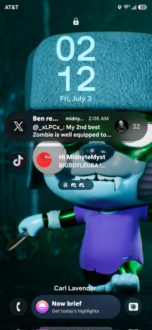 A smartphone lock screen displaying '02:12 Fri, July 3' with notifications from X (Twitter) and other apps overlaid on a wallpaper featuring a cartoon zombie character, with carrier 'AT&T' and battery at 86%.