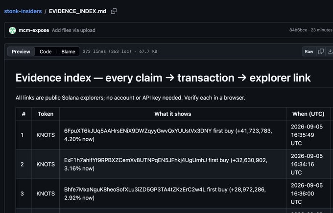 A GitHub file titled "EVIDENCE_INDEX.md" in the stonk-insiders repository displays a table of KNOTS token transactions on Solana, with entries showing first buy amounts (e.g., +41,723,783, +32,630,902, +28,972,286) and ownership percentages from September 5, 2026. The image relates to the accompanying post by presenting a structured, evidence-based format for tracking insider wallet activity, which the commenter is advocating should be applied to investigating STONKFUN's fee extraction and token supply practices.