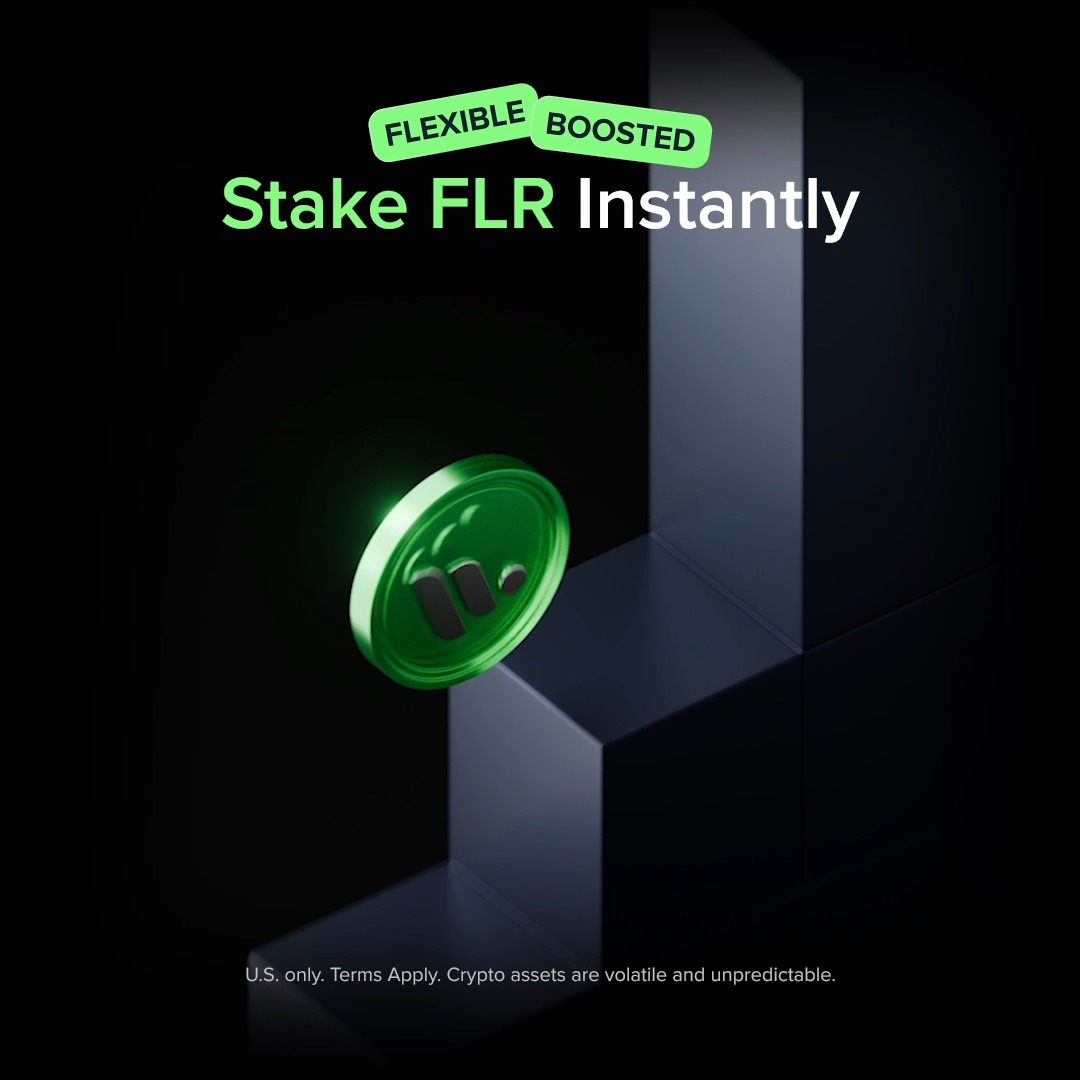 A glowing green FLR coin floats in a dark geometric setting beneath the headline "Stake FLR Instantly," with "FLEXIBLE" and "BOOSTED" badges highlighting two staking options that let users earn weekly rewards with no lock-ups or maximize returns by locking in their tokens via the Uphold App.