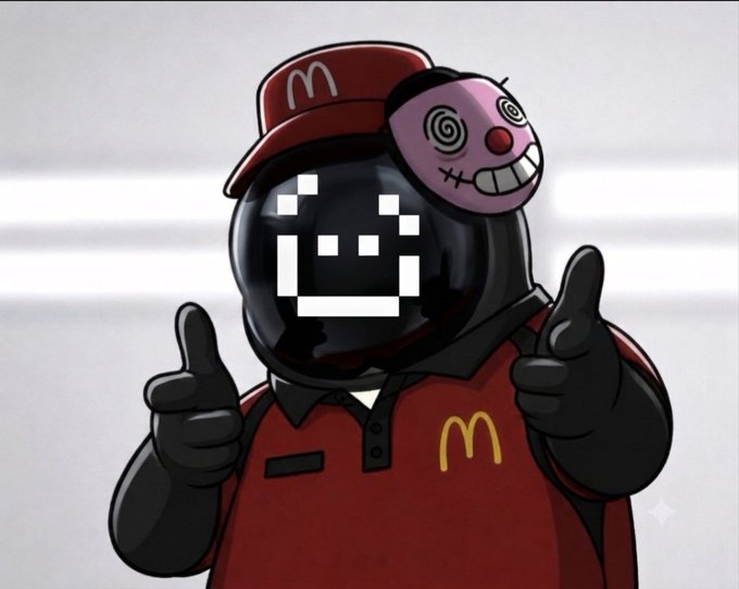 A cartoon-style character wearing a red McDonald's cap and uniform gives a thumbs-up, featuring a digital smiley face on its screen and a creepy purple mask hanging on the side of its head.