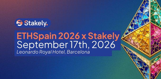 A promotional graphic announces 'ETHSpain 2026 x Stakely' on 'September 17th, 2026' at the Leonardo Royal Hotel, Barcelona, featuring a colorful Ethereum logo on the right.