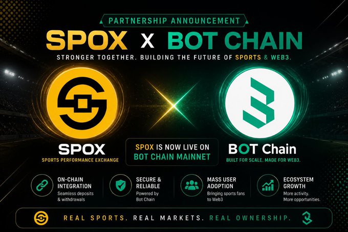 A partnership announcement graphic for 'SPOX x BOT CHAIN' with the tagline 'STRONGER TOGETHER. BUILDING THE FUTURE OF SPORTS & WEB3.' and bullet points including 'ON-CHAIN INTEGRATION', 'SECURE & RELIABLE', 'MASS USER ADOPTION', and 'ECOSYSTEM GROWTH'.
