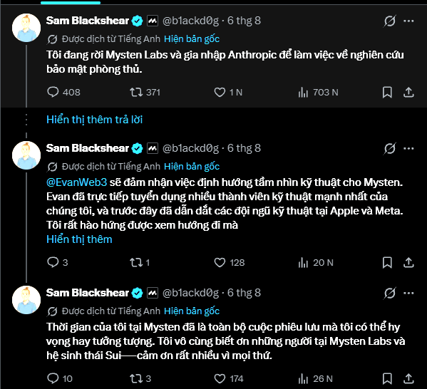 A screenshot of tweets from Sam Blackshear (@blckd0g) announcing his departure from Mysten Labs to join Anthropic, mentioning he will be working on cryptographic research, and welcoming @EvanWeb3 as the new technical lead.
