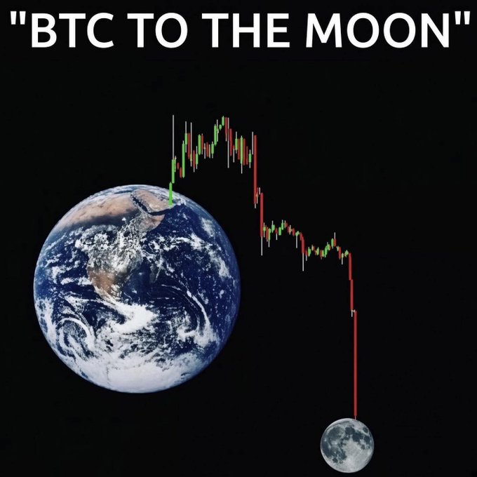 A meme titled "BTC TO THE MOON" depicting a crypto chart starting at Earth and crashing downward to the moon.