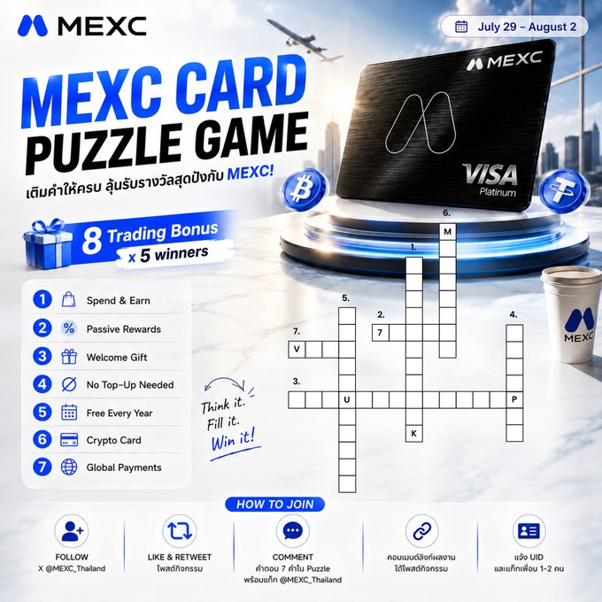 MEXC Card Puzzle Game promotion running July 29 to August 2 with 8 USDT Trading Bonus for 5 winners, featuring a crossword-style puzzle and instructions to follow, like, retweet, and comment on X (@MEXC_Thailand).