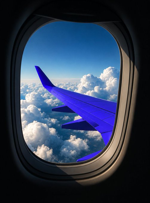 A view through an airplane window showing a bright purple wing soaring above fluffy white clouds against a clear blue sky.