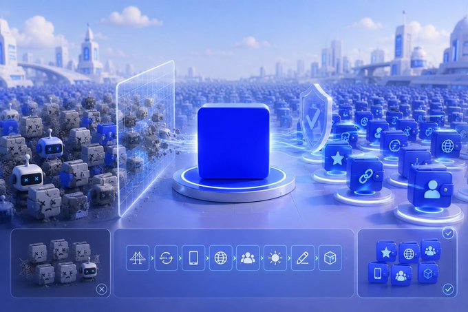 A futuristic blue-toned digital artwork showing an army of small robots and icons around a central blue cube on a pedestal, with a futuristic cityscape and interface elements in the background.