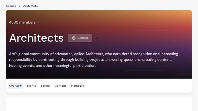 The image shows the "Architects" group page on Arc with 4,580 members, displaying a "Joined" status badge and tabs for Overview, Events, Forum, Content, and Members. The page's description explains that Architects are Arc's global community of advocates who earn recognition through contributions like building projects, answering questions, creating content, and hosting events—setting the context for the accompanying post outlining guidelines these Architect community members should follow.