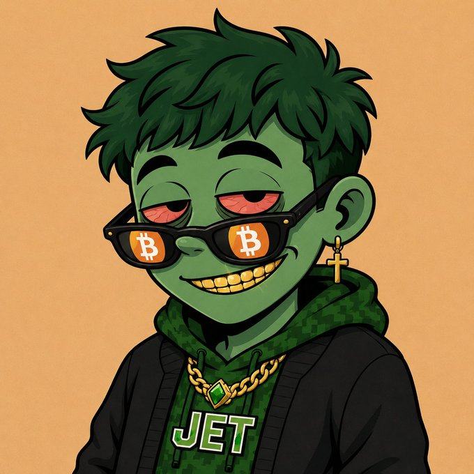A cartoon illustration of a green-skinned character with messy green hair wearing Bitcoin-logo sunglasses, a gold chain, cross earring, and a hoodie labeled 'JET' against a tan background.