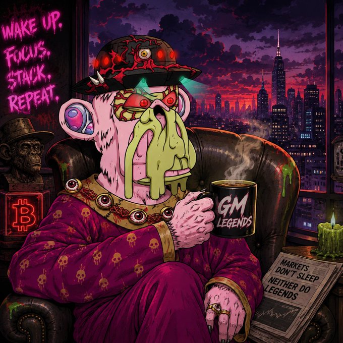 A stylized NFT-style illustration of a pink zombie-like ape character wearing a hat and purple robe, holding a 'GM LEGENDS' mug, with text reading 'WAKE UP. FOCUS. STACK. REPEAT.' and 'MARKETS DON'T SLEEP NEITHER DO LEGENDS' on a newspaper.