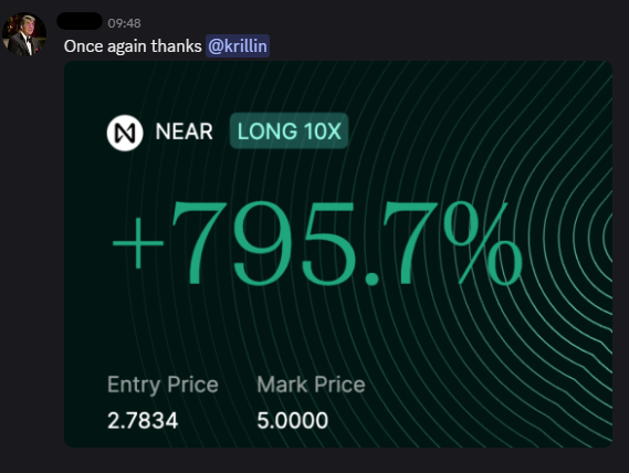 A social media message thanks '@krilin' and displays a trading screenshot for NEAR with a 'LONG 10X' showing a +795.7% gain from an entry price of 2.7834 to a mark price of 5.0000.