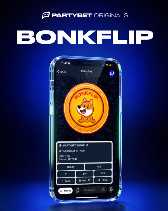 A promotional graphic for "BONKFLIP" by PartyBet Originals displays a smartphone showing the game's interface within Telegram, featuring the instruction "BET $1 HEADS or TAILS!" with a wallet balance of $2170.47 and betting options of $1, $10, or $25. The game centers on a cartoon Shiba Inu dog on an orange coin labeled "BONKFLIP," tying into the post's announcement that the game is live on Telegram and inviting users to join via invite.partybet.fun/bonk.