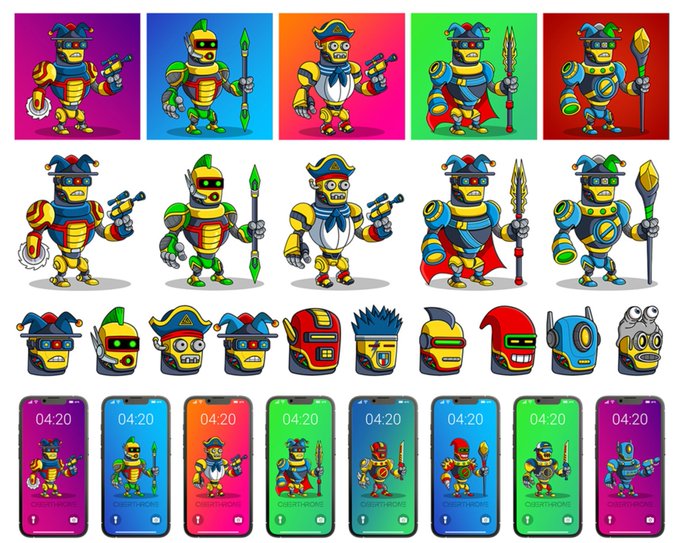 A sheet of colorful cartoon robot stickers and phone wallpapers featuring various warrior robot characters in different poses and color schemes.