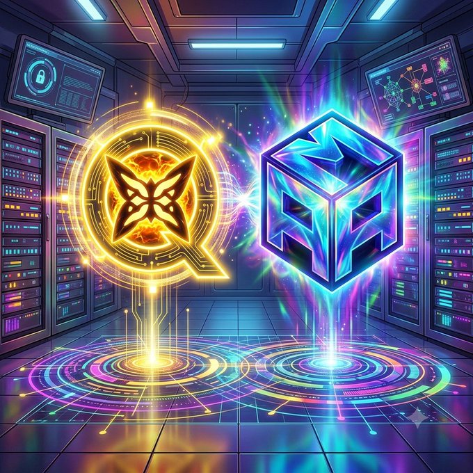 A vibrant digital artwork depicting a server rack background with two glowing holographic emblems—a golden Q-shaped symbol and a blue cube—floating above neon-lit platforms.