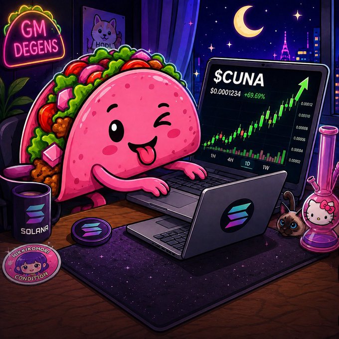 A colorful digital illustration features an anthropomorphic taco character using a laptop to view a '$CUNA' stock chart, surrounded by Solana-themed merchandise, a 'GM DEGENS' neon sign, and a cat.