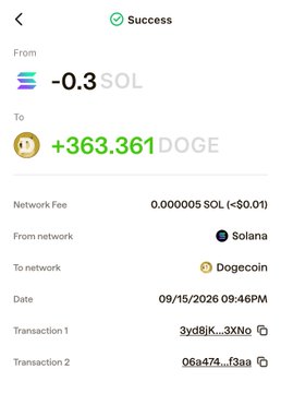 A cryptocurrency transaction success screen showing -0.3 SOL sent to receive +363,361 DOGE, with a network fee of 0.000005 SOL from Solana to Dogecoin on 09/15/2026.