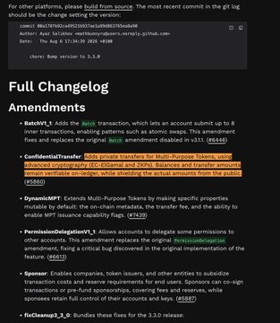 The image displays a GitHub changelog announcing new features in the XRP Ledger, including "ConfidentialTransfer," which allows private transactions for Multi-Purpose Tokens using advanced cryptography (EC-ElGamal and ZKPs) to hide balances and transfer amounts from the public, directly supporting the post's claim about XRP giving banks access to confidential transaction capabilities.