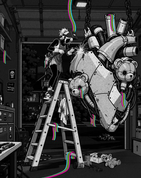 A grayscale illustration with neon glitch effects depicts a person on a ladder working on a large heart-shaped mechanical object inside a garage.