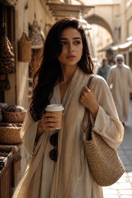 A woman with long dark hair wearing a light beige robe-like garment, holding a coffee cup and a woven straw bag in a narrow street or souk setting, with another figure in traditional white clothing in the background.